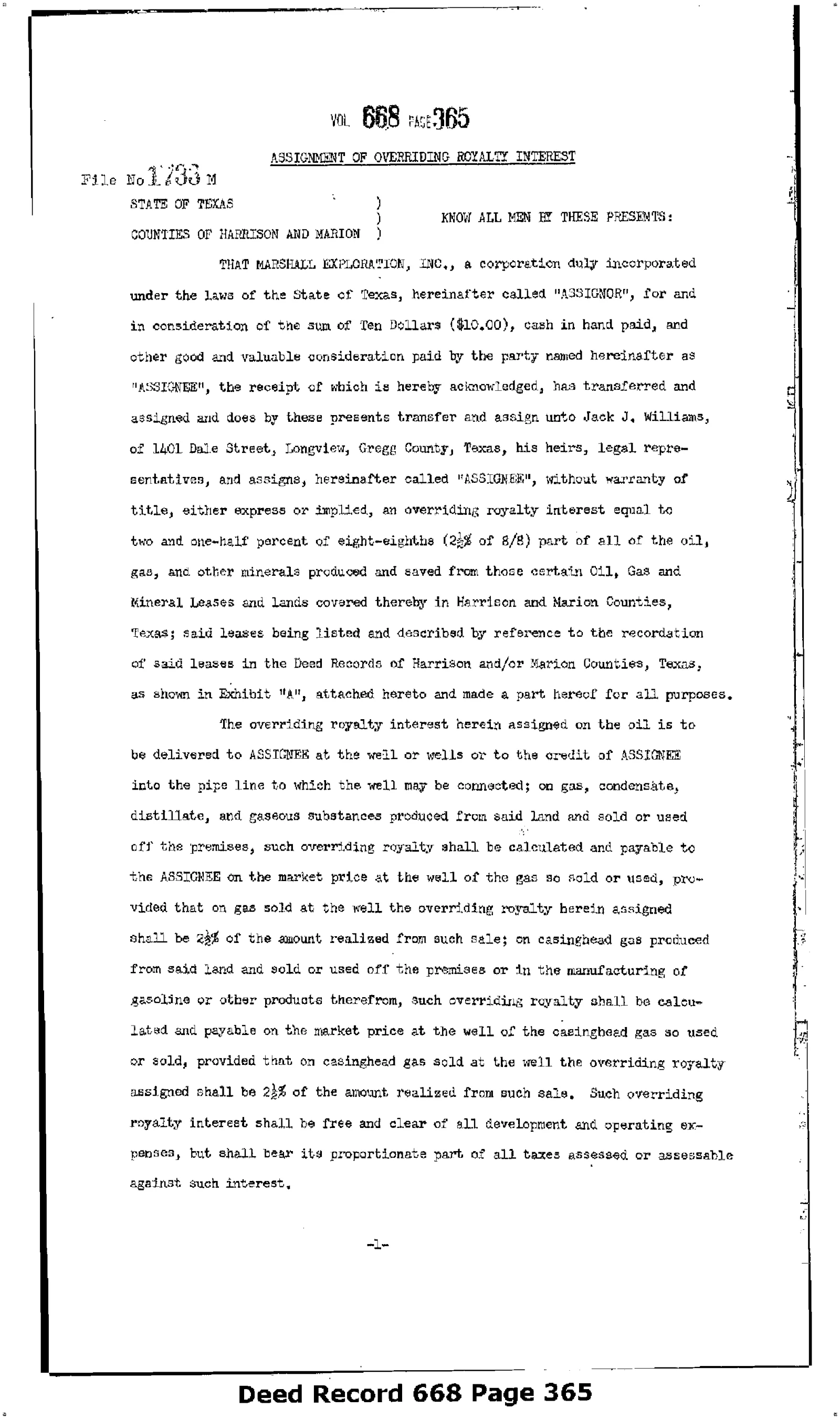 Marshall Exploration Inc. - Recorded Assignment Of Royalty Interest (Vol. 668, Page 365)