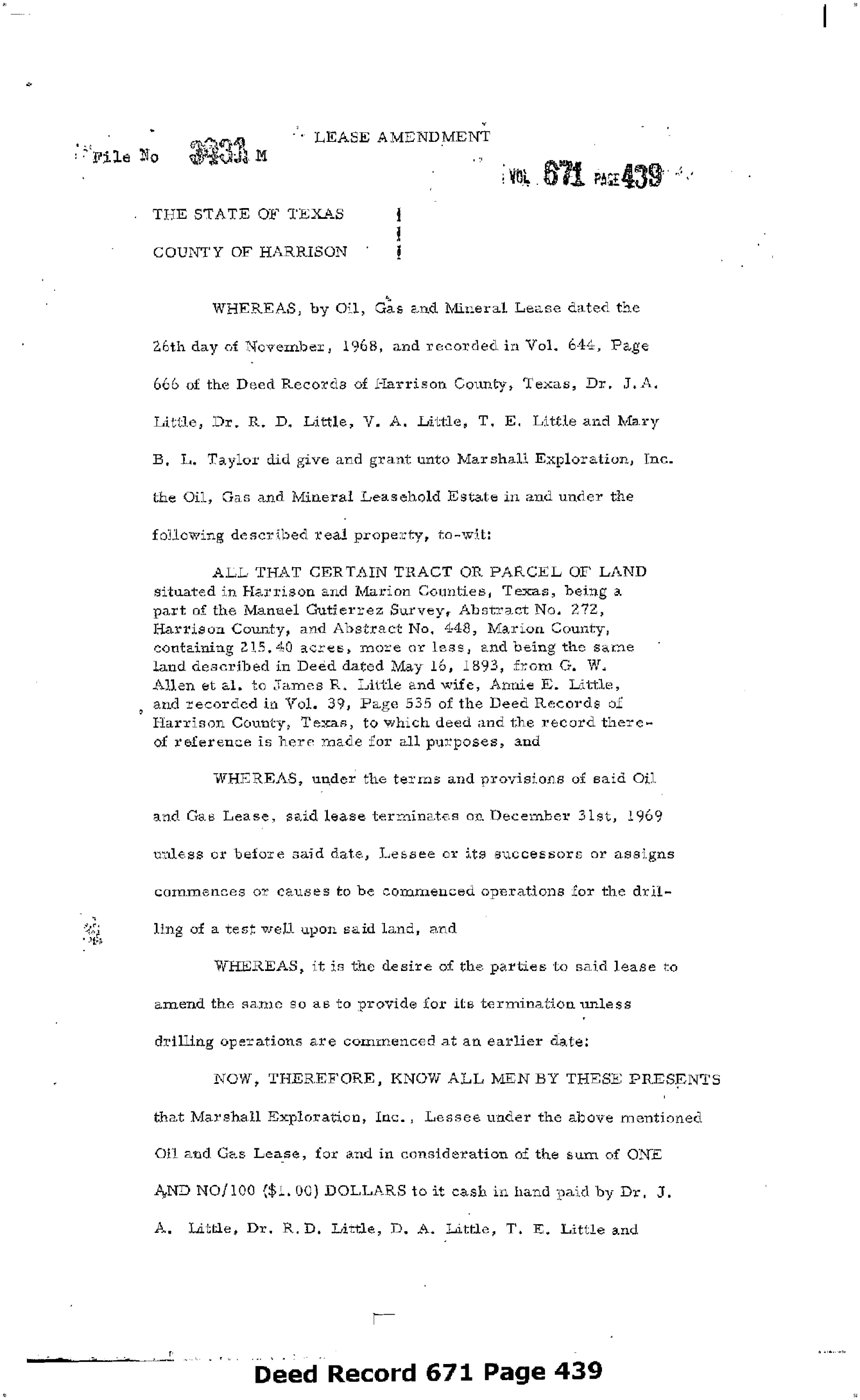 Marshall Exploration Inc. - Recorded Lease - Gas, Oil, Mineral (Vol. 671, Page 439)